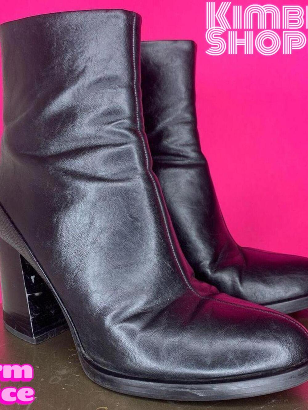 Zara Black Faux Leather Block Heel Almond Toe Ankle Boots US 7.5 EU 38